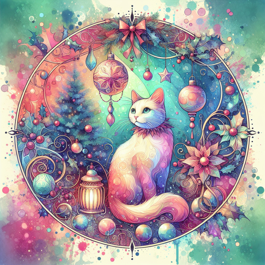 Colorful Cat in Whimsical Holiday Illustration