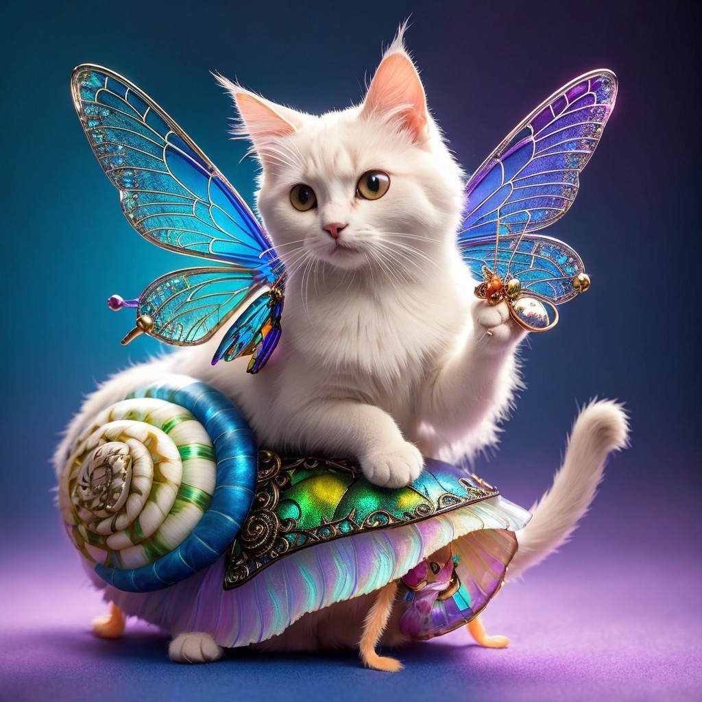 Fluffy Cat with Butterfly Wings on Snail Shell Scene