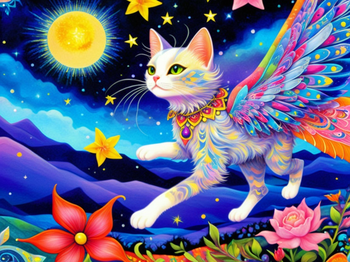 White Cat with Colorful Wings in Vibrant Landscape