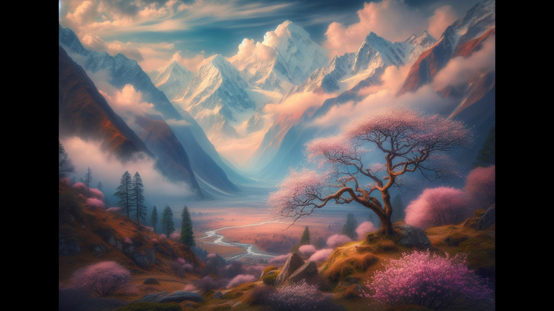 Majestic Mountains and Cherry Blossoms in Pastels