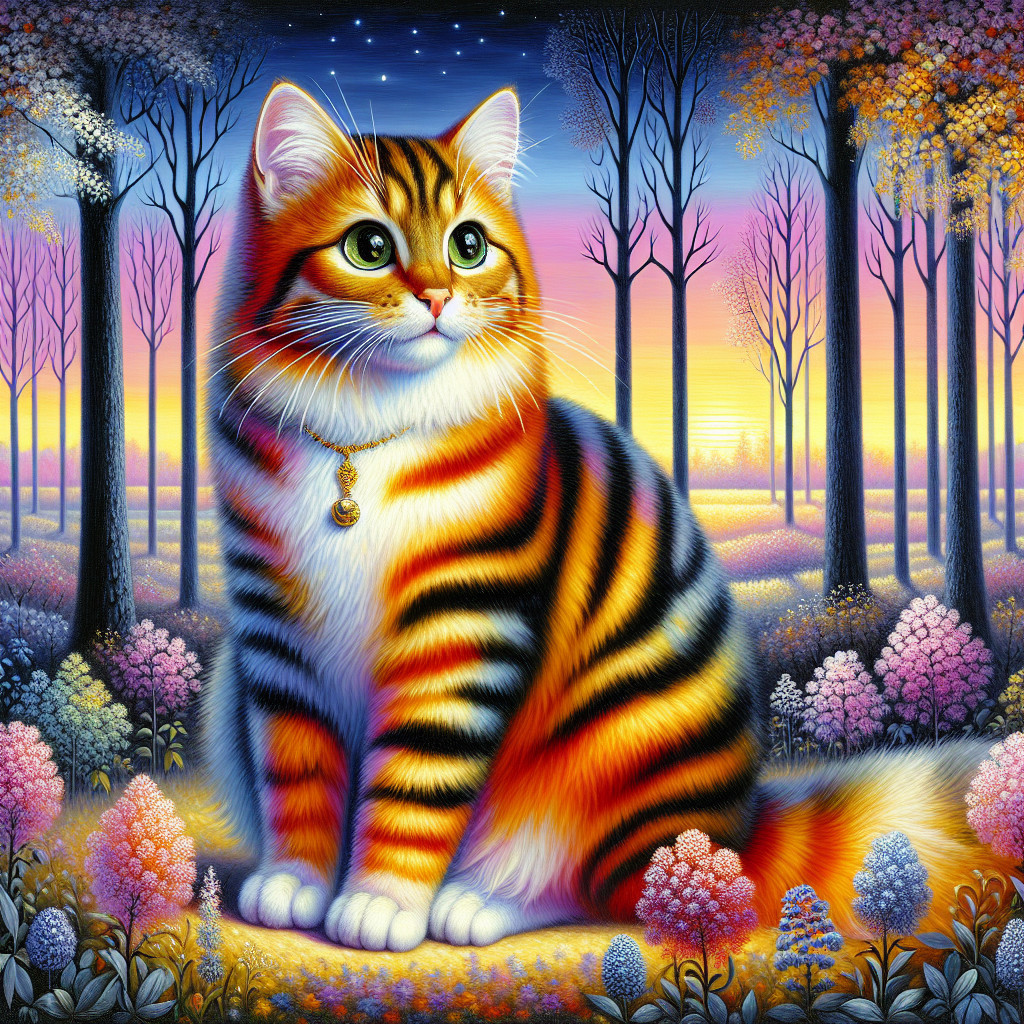 Large orange and black striped cat in dreamy landscape