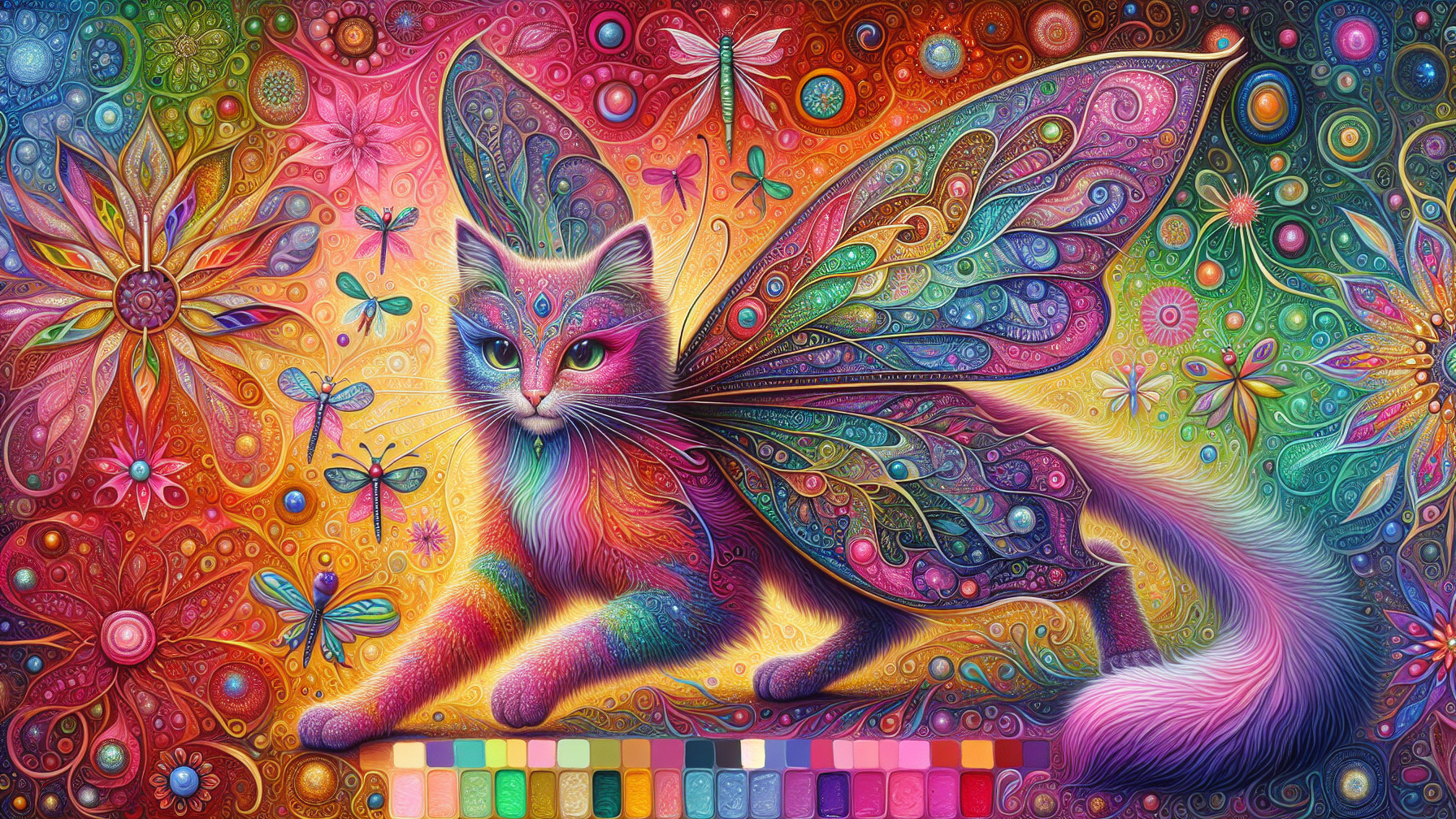 Vibrant Cat with Butterfly Wings in Dreamlike Scene