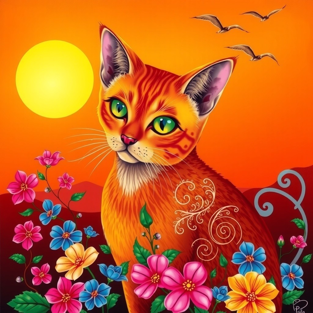 Sunset Scene with Orange Cat and Colorful Flowers