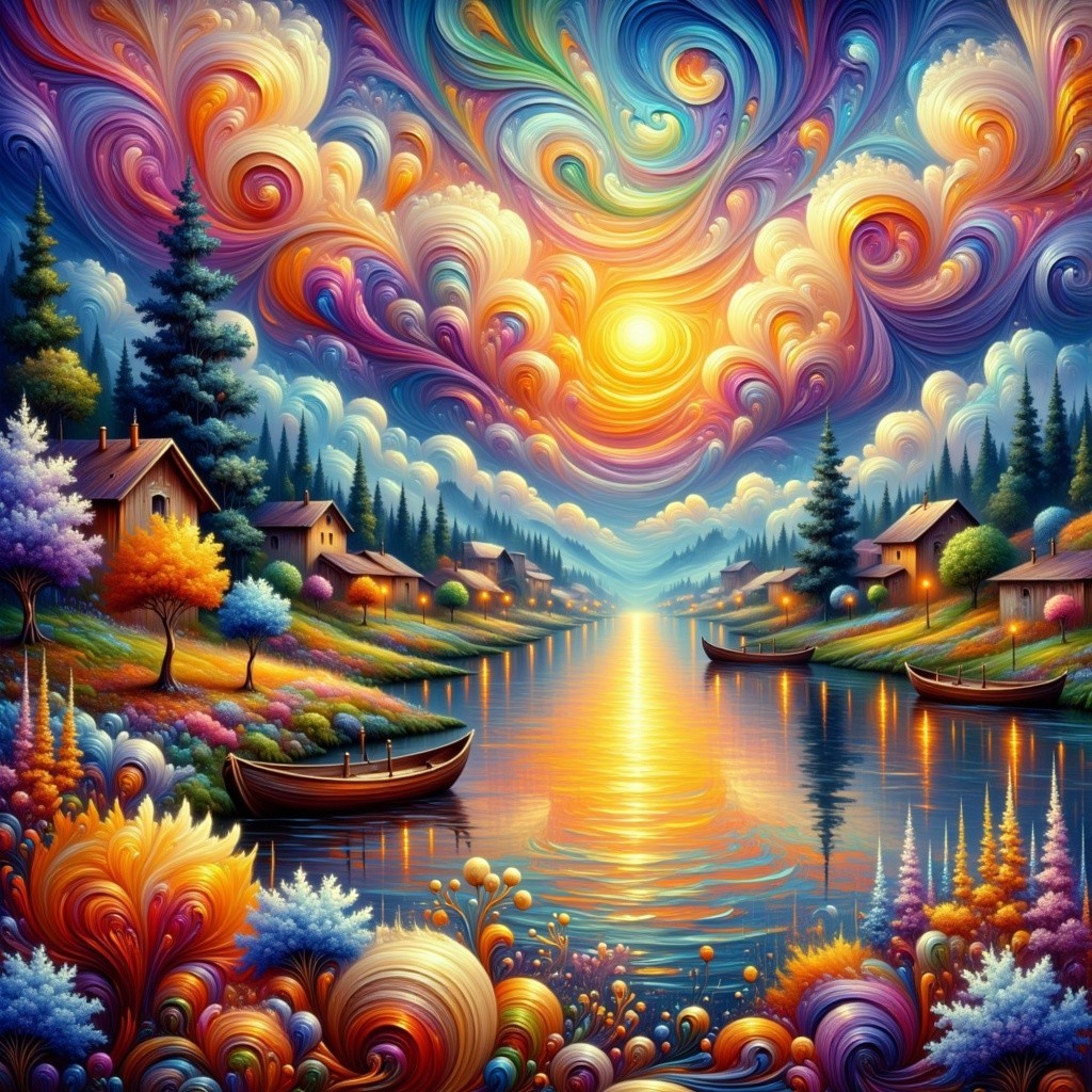 Vibrant Landscape with River and Colorful Sunset Sky