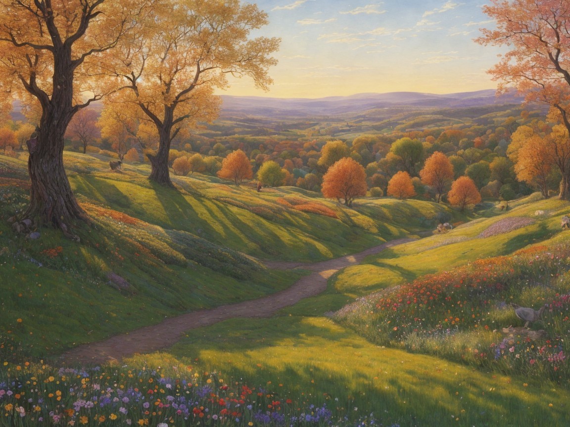 Tranquil Landscape with Autumn Foliage and Rolling Hills