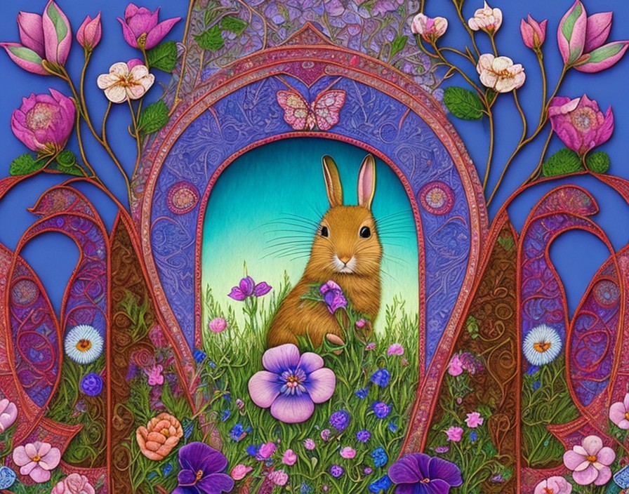 Charming Rabbit in a Vibrant Flower Garden Scene