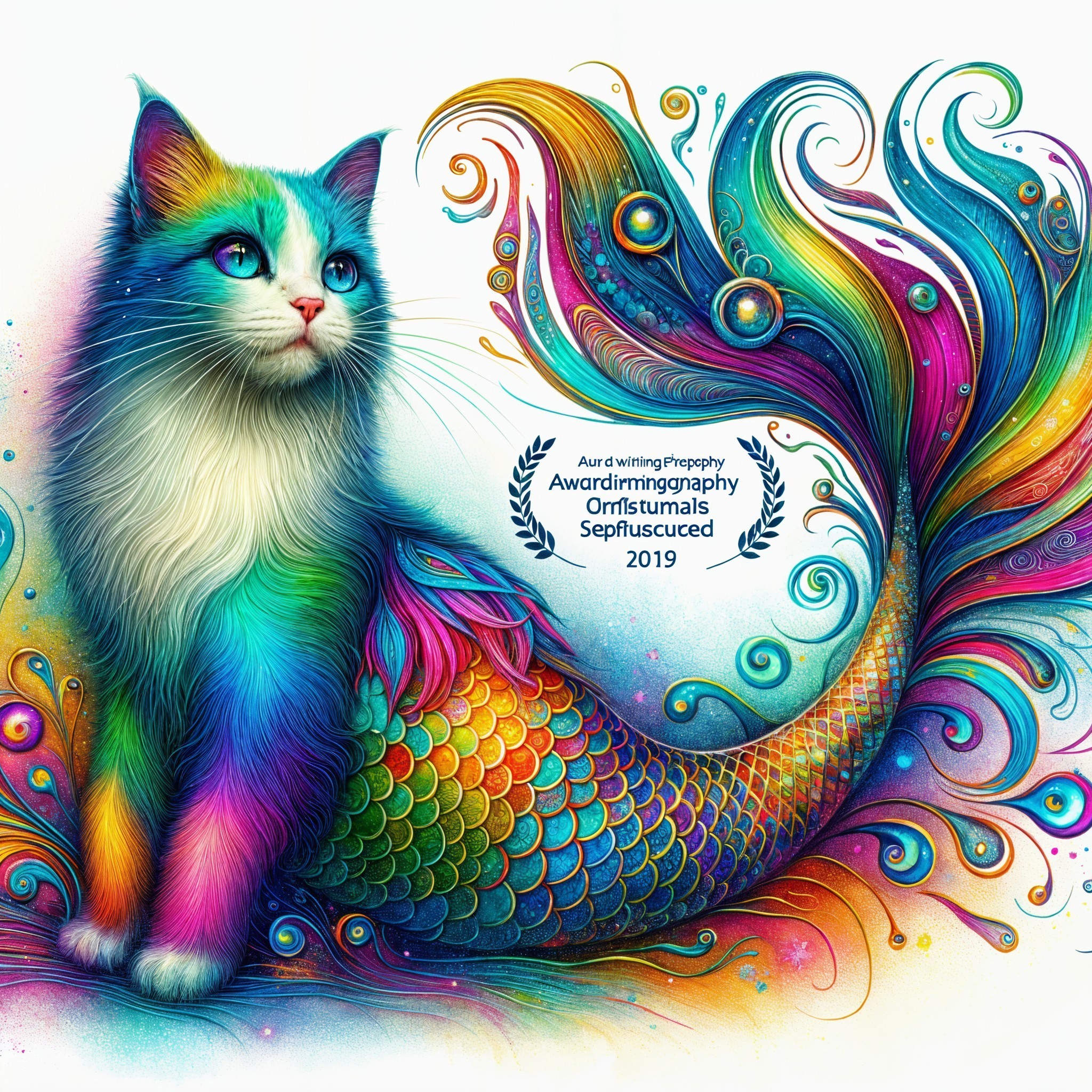 Colorful Cat with Mermaid Tail in Rainbow Swirls
