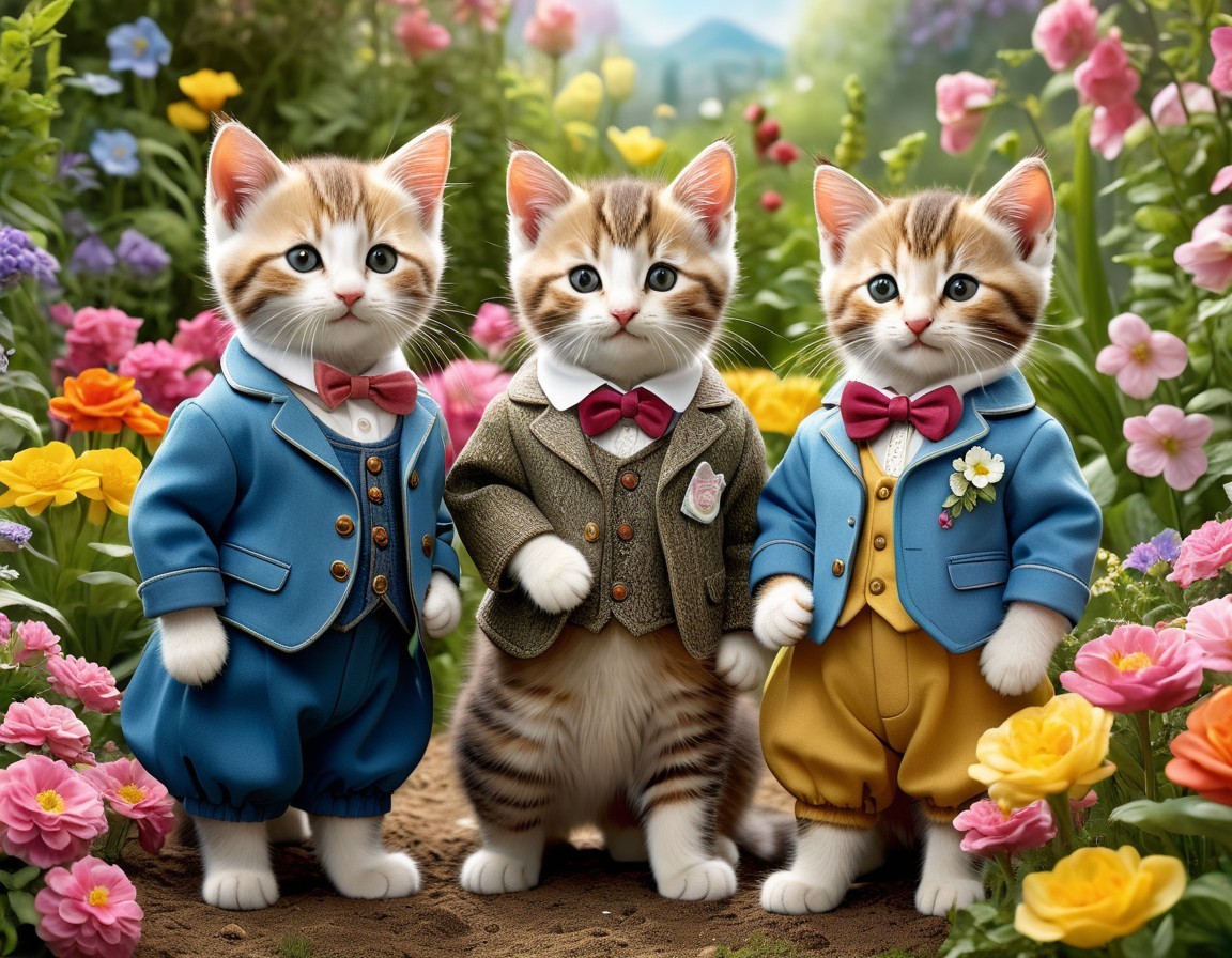 Kittens in Suits Surrounded by Colorful Flowers