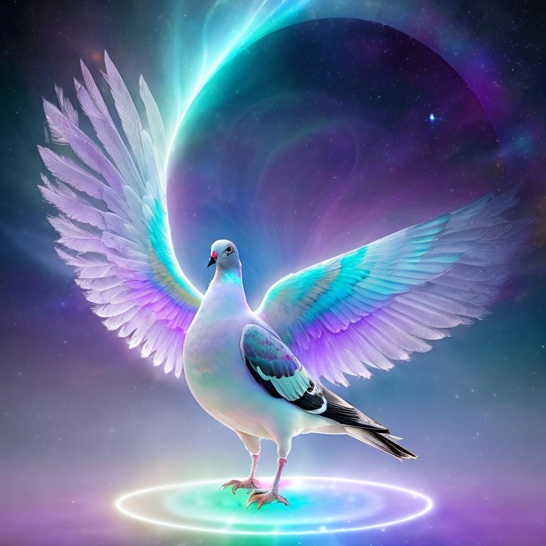 Majestic Dove with Iridescent Colors in Cosmic Scene