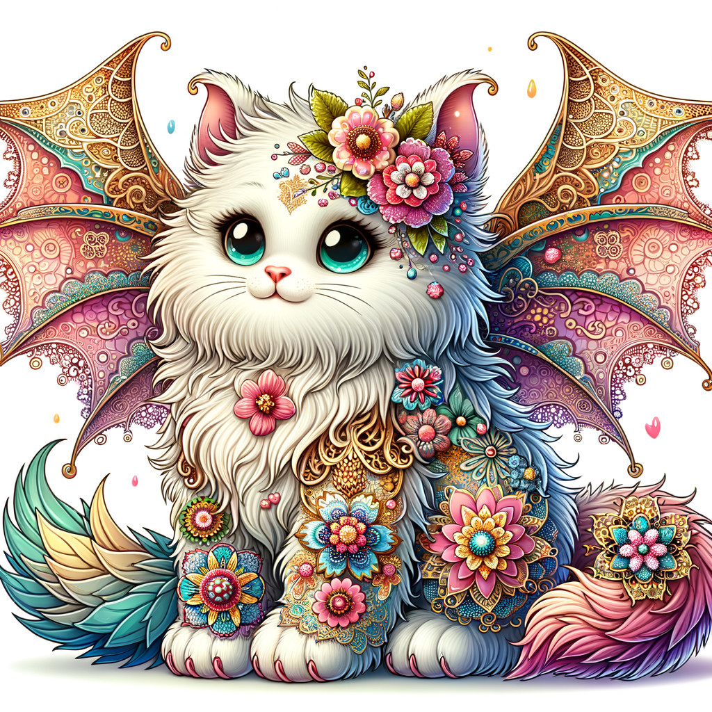 Whimsical White Cat with Colorful Wings and Flowers