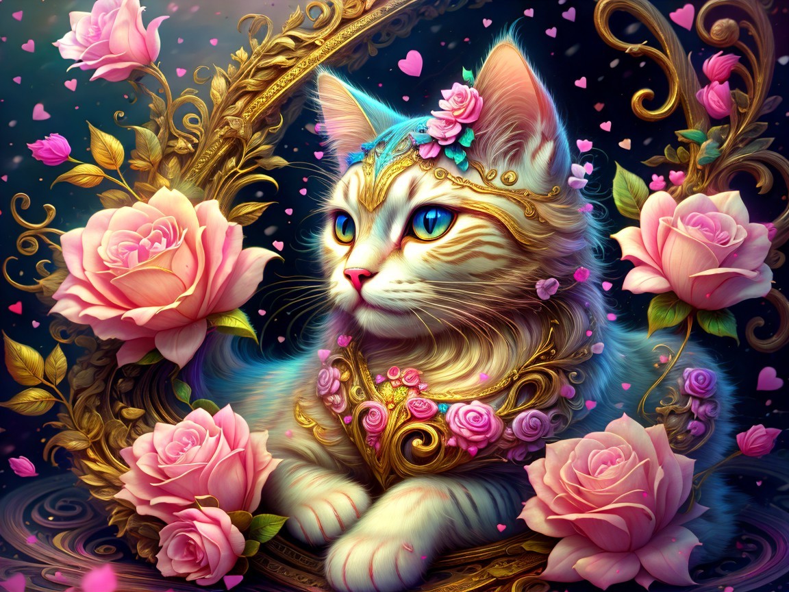 Golden-furred cat in floral frame with roses and hearts