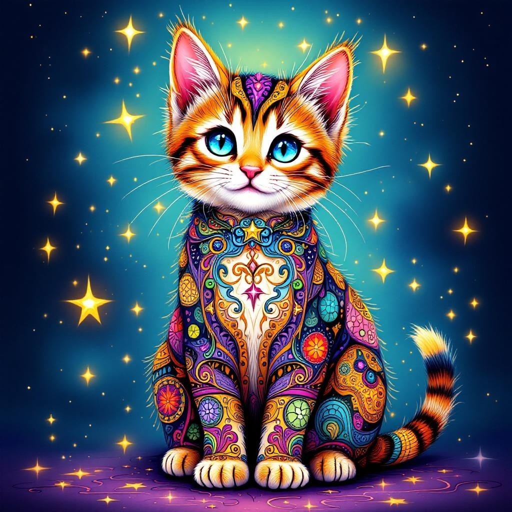 Colorful Cat with Blue Eyes in Mystical Starry Scene