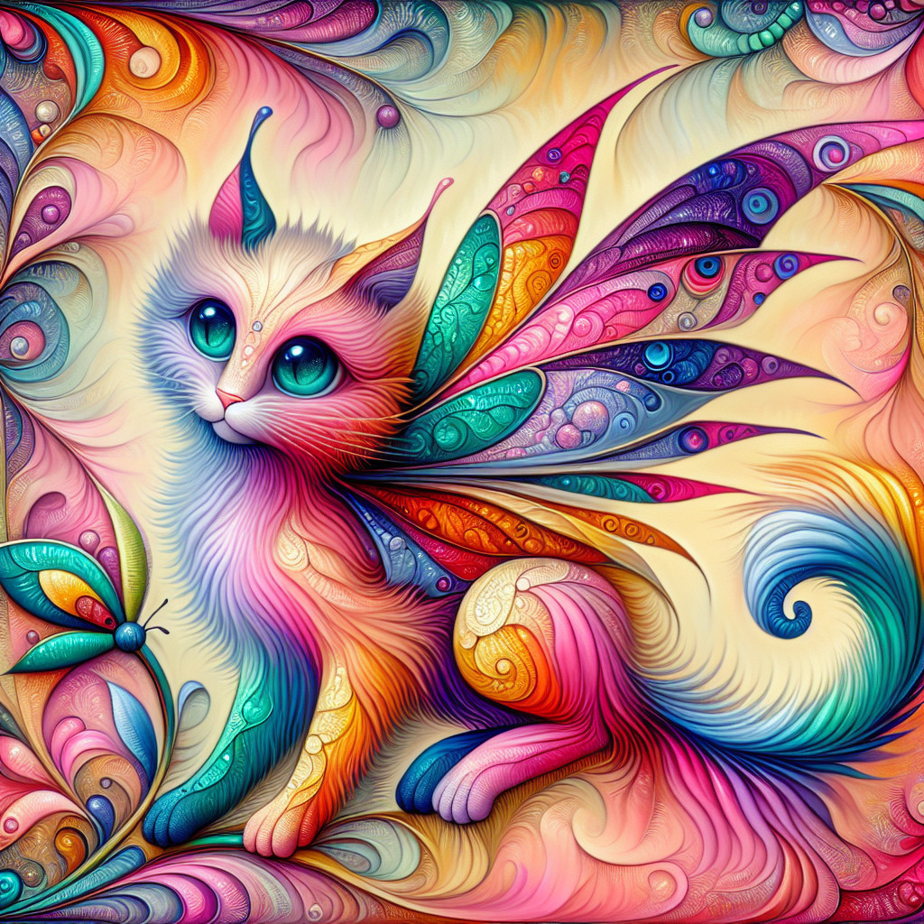 Colorful Cat Illustration with Vibrant Wings and Florals