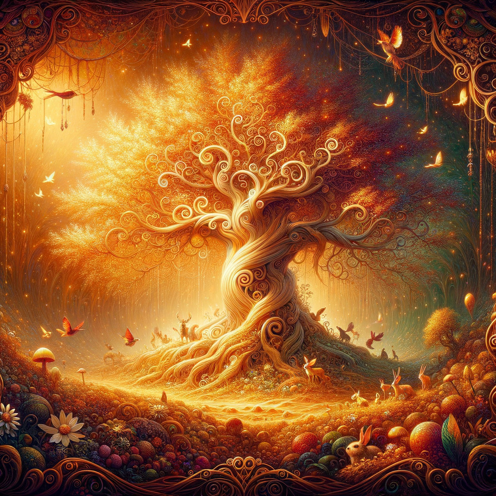 Fantastical Tree Surrounded by Vibrant Flora and Fauna