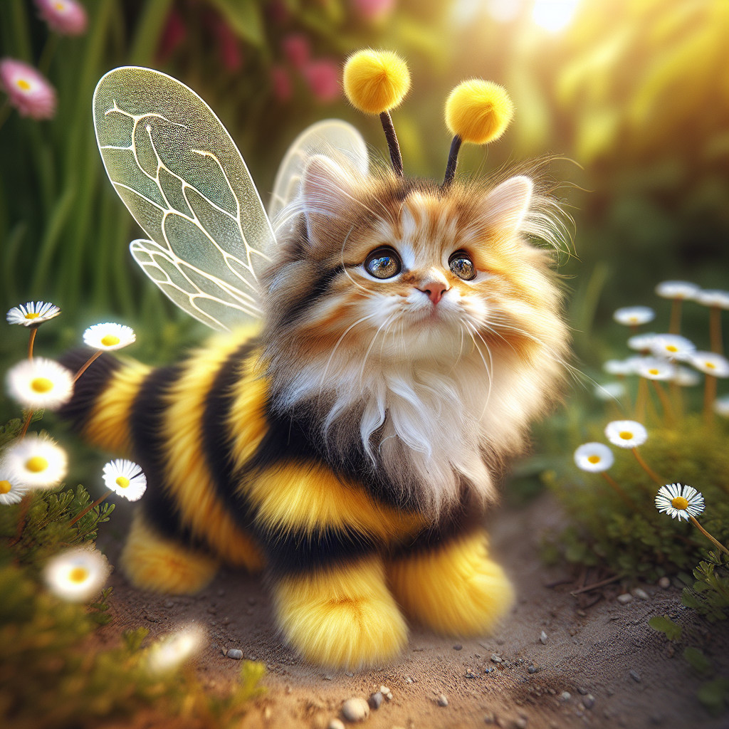 Whimsical striped kitten with wings in a garden setting