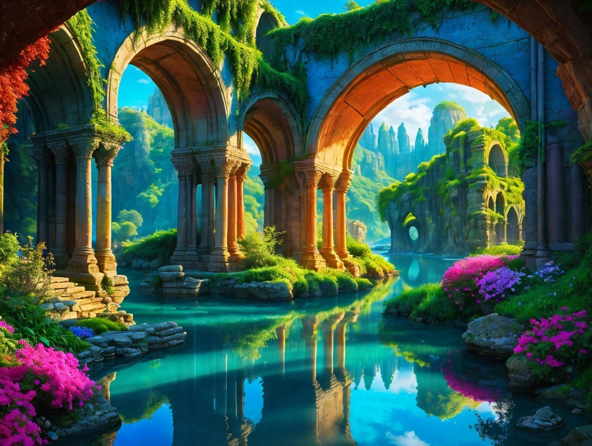 Majestic Arches and Serene Water Landscape Description