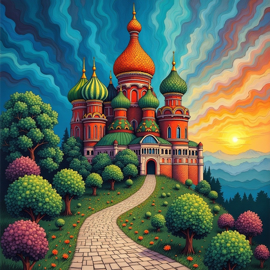 Ornate building with colorful domes at sunset