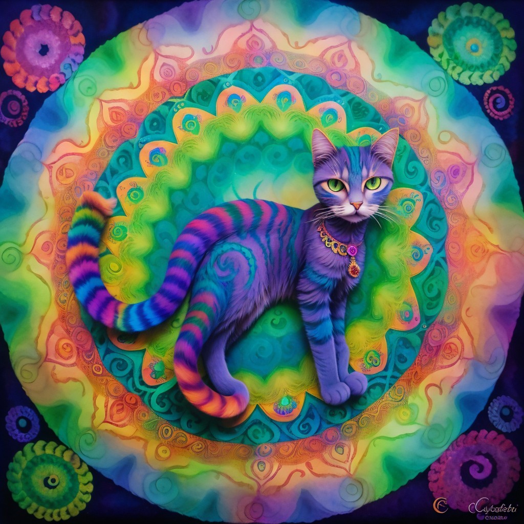 Colorful cat in psychedelic mandala backdrop