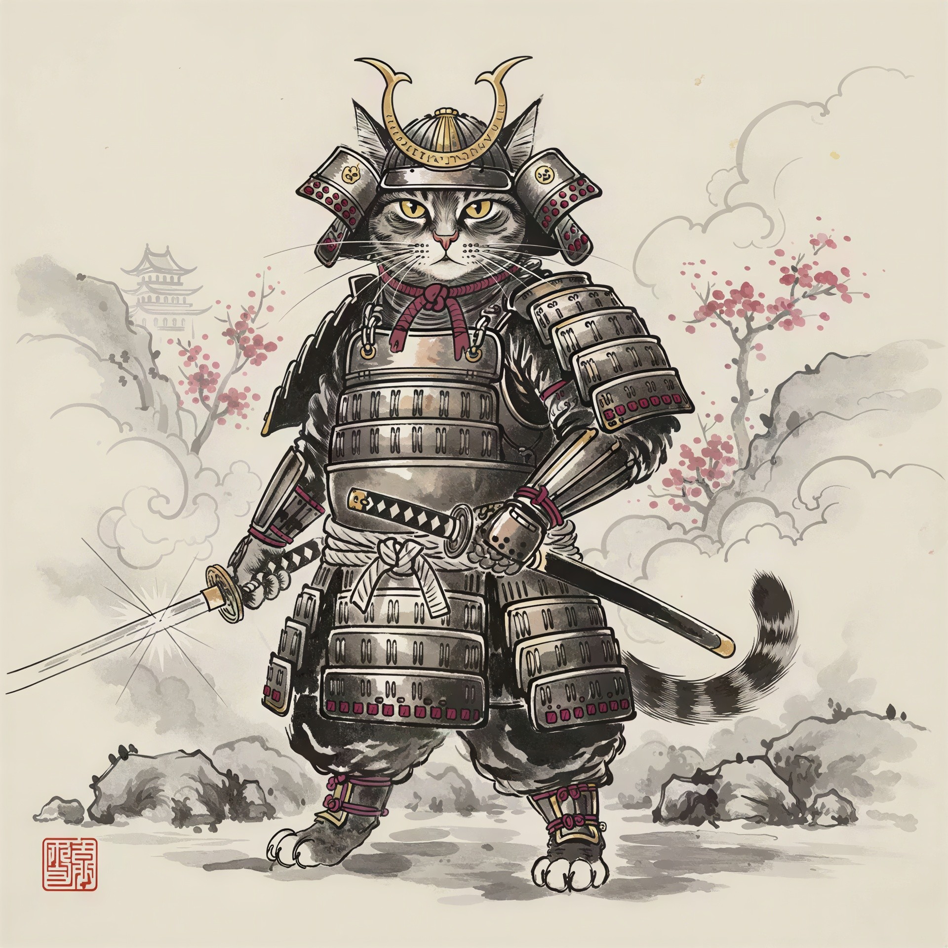 Samurai Cat in Armor with Cherry Blossoms Background
