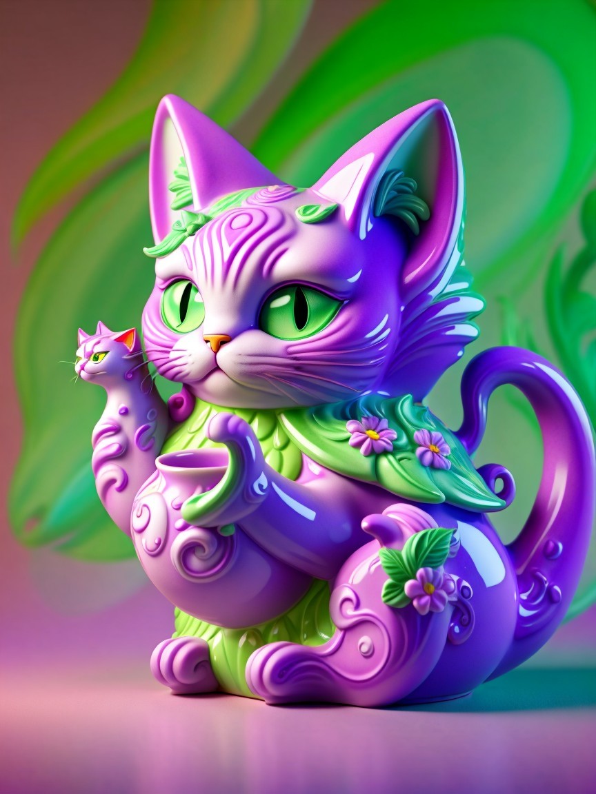 Whimsical Cat Sculpture with Vibrant Colors and Patterns