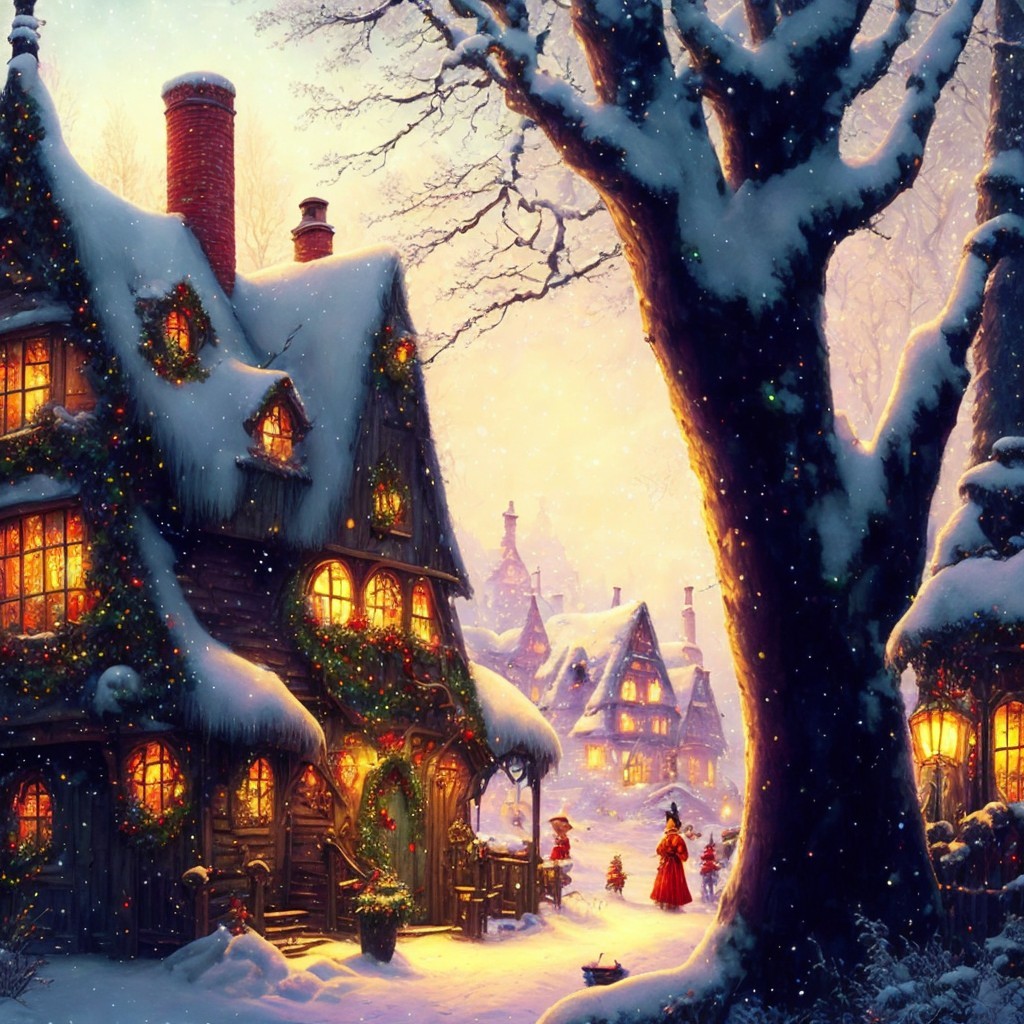 Charming Winter Scene with Snow-Covered Cottages
