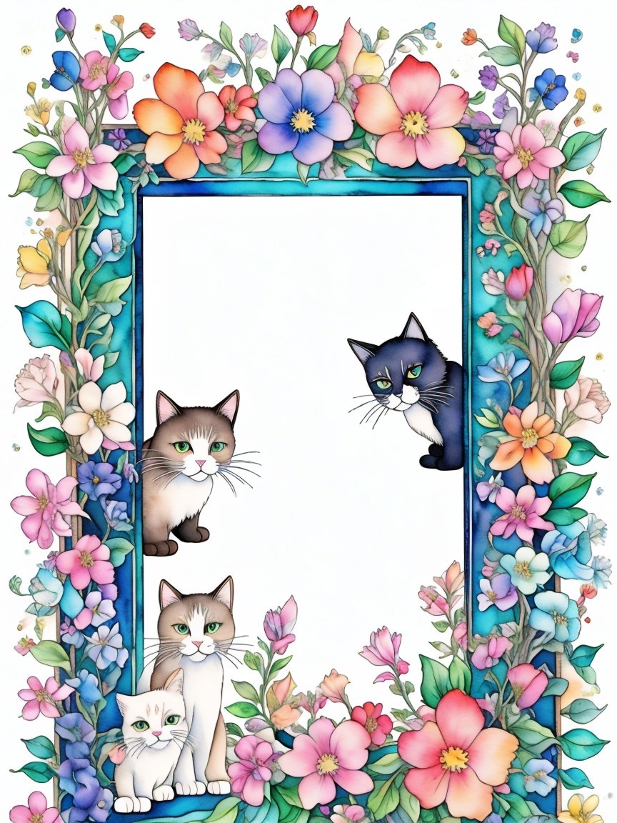 Whimsical Floral Border with Playful Cats Design