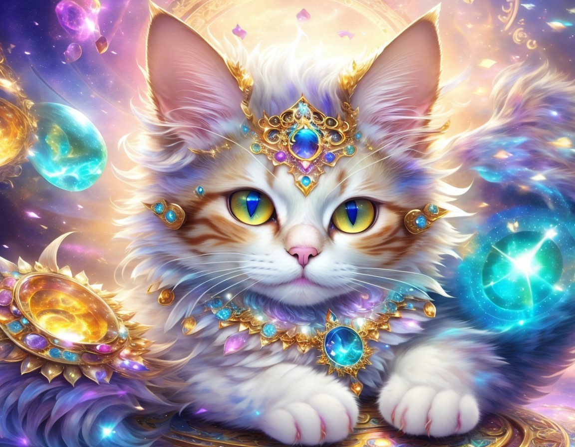 Majestic Cat with Jewelry in Cosmic Background