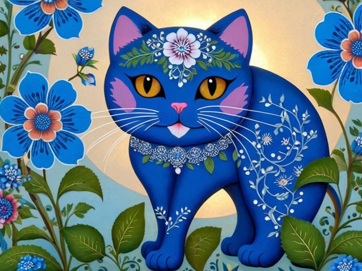 Whimsical Blue Cat with Floral Background and Patterns