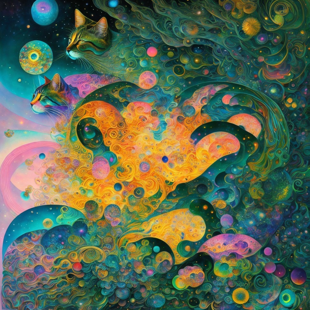 Cosmic Tapestry with Feline Faces in Galaxy Colors