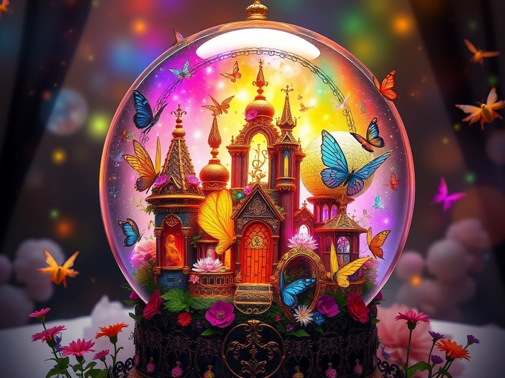 Whimsical Snow Globe Featuring Vibrant Fantasy Castle