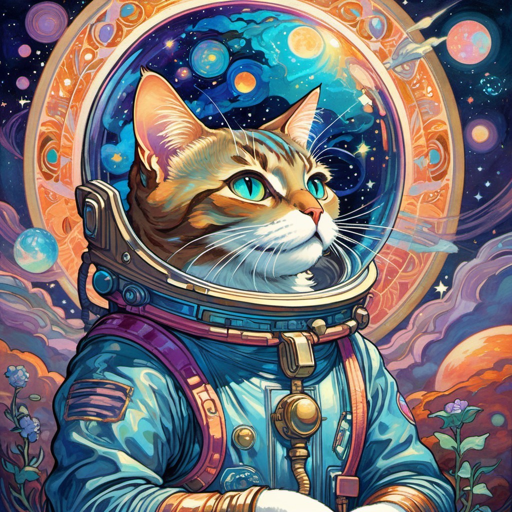 Cat in Astronaut Suit Against Cosmic Backdrop