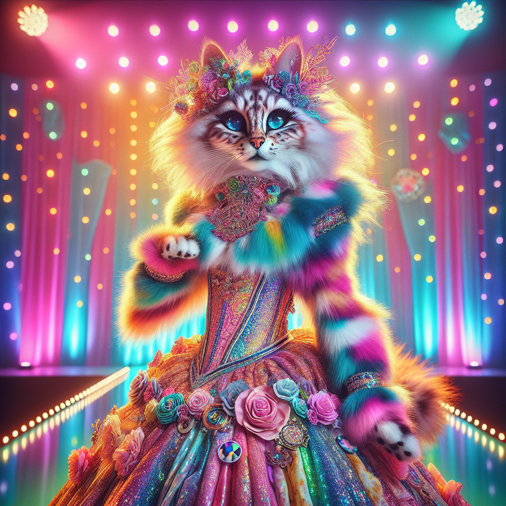 Whimsical Scene of an Anthropomorphic Cat in Dress