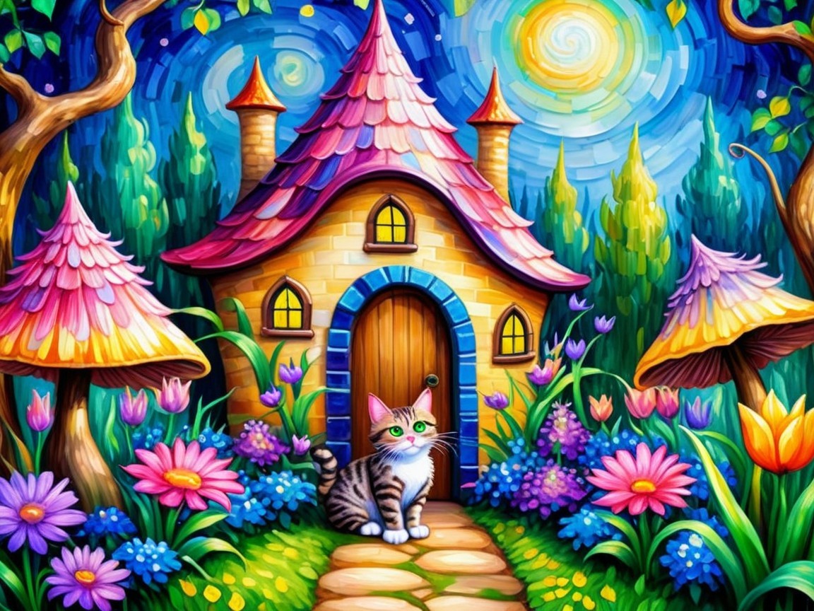 Whimsical Cottage with Vibrant Garden and Cat