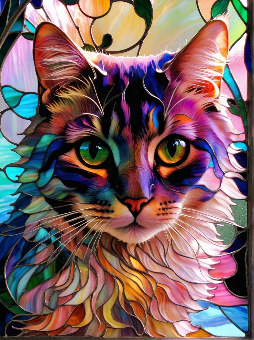 Colorful Stained Glass Cat Face with Vibrant Hues
