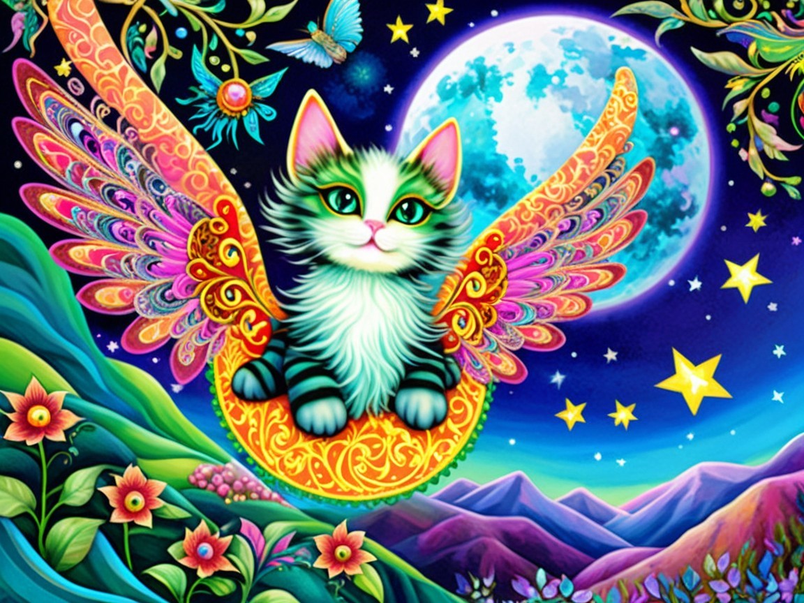 Whimsical Winged Cat in Starry Night Painting
