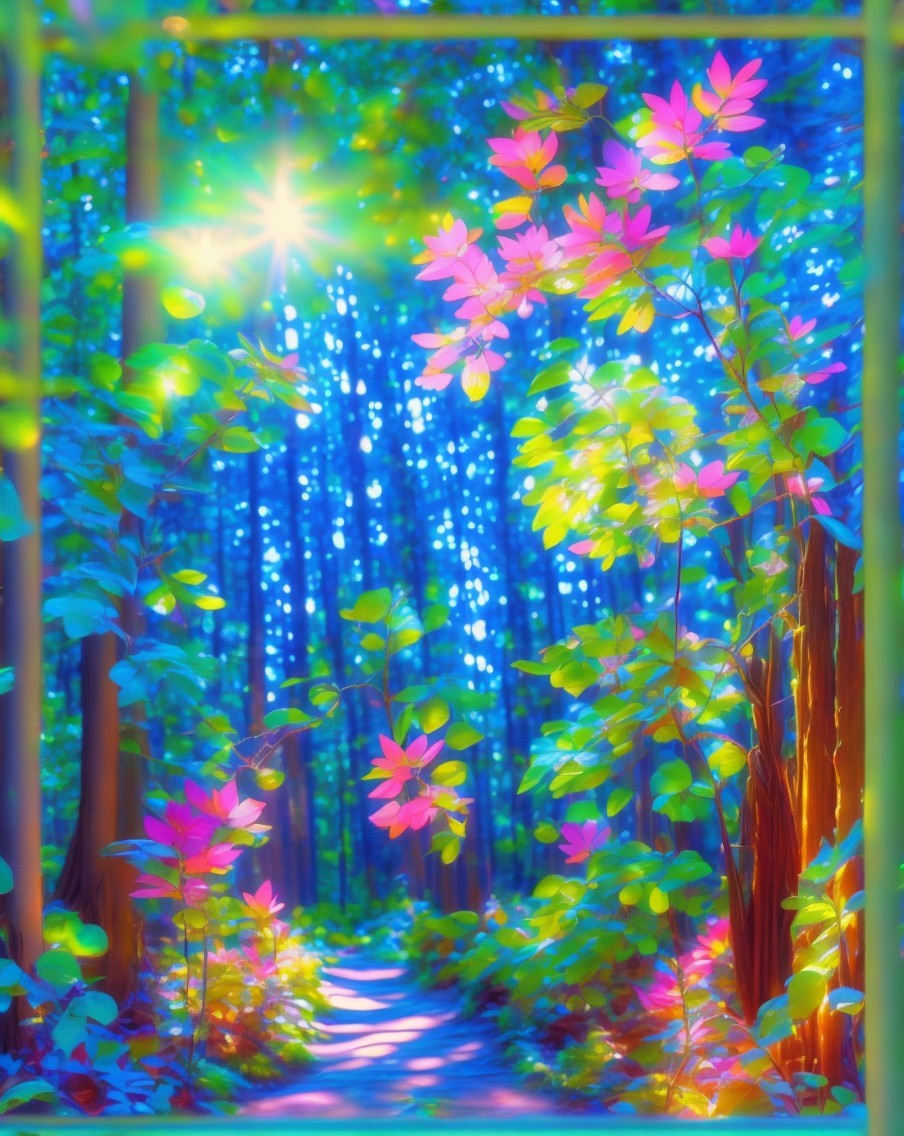 Vibrant Forest Scene with Colorful Light and Foliage