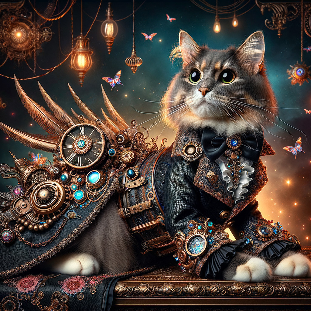 Majestic Cat in Steampunk Attire with Whimsical Background