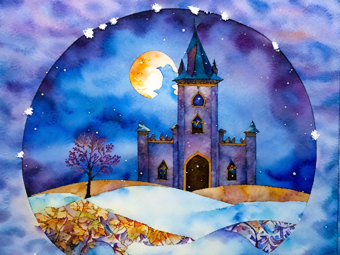 Whimsical Watercolor Fantasy Castle at Twilight