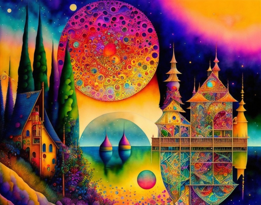 Surreal Landscape with Colorful Architecture and Lake