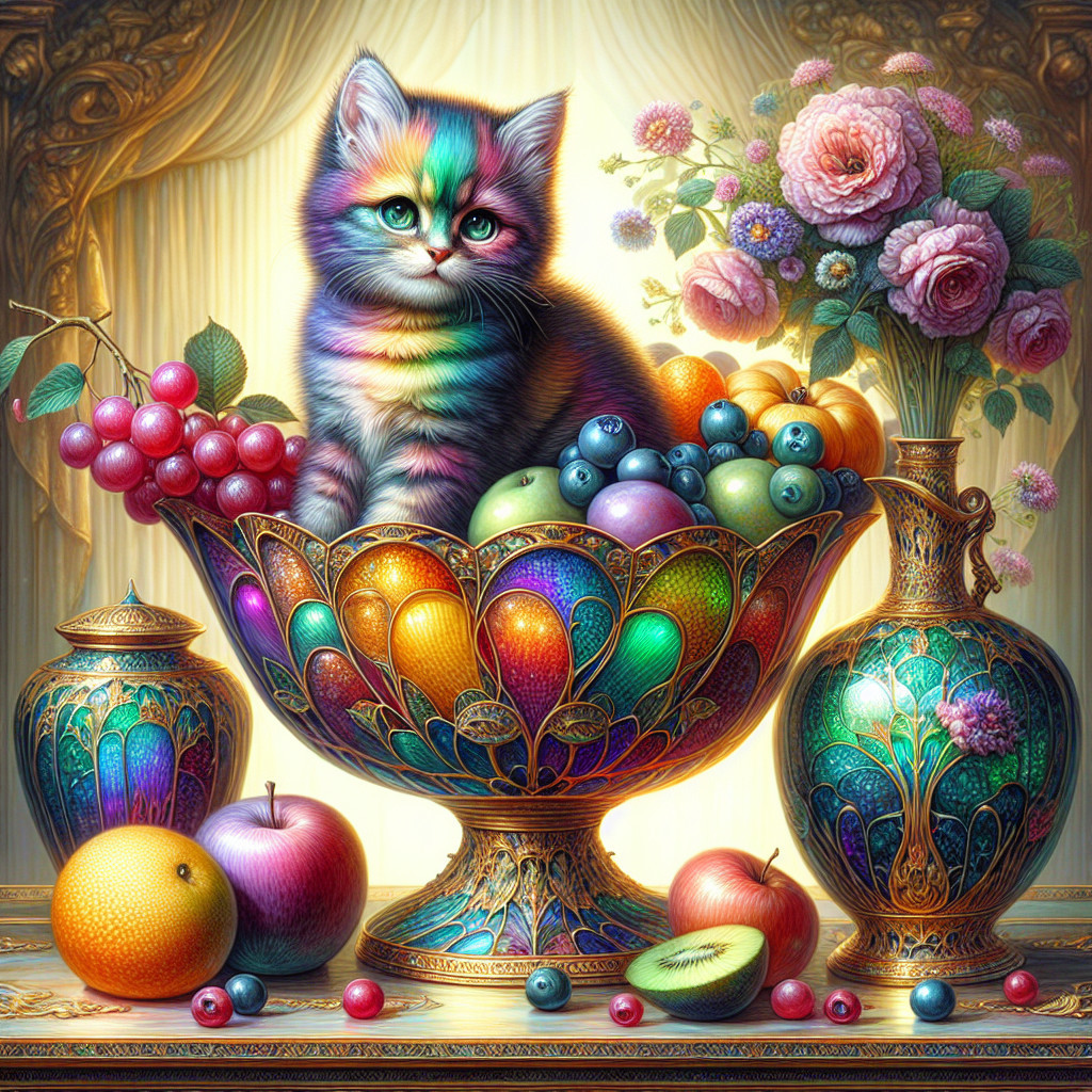 Rainbow-colored kitten in ornate fruit bowl scene