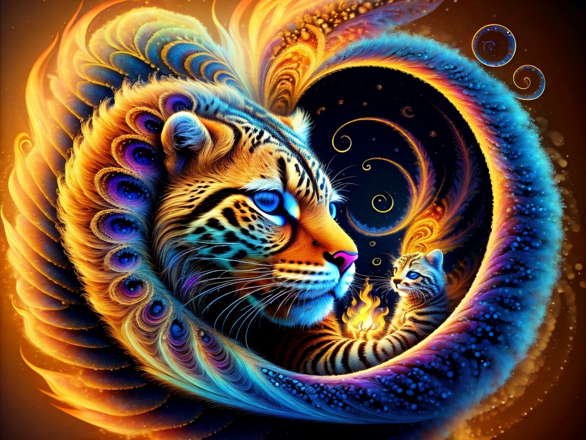 Surreal Tiger Face with Colorful Swirling Patterns