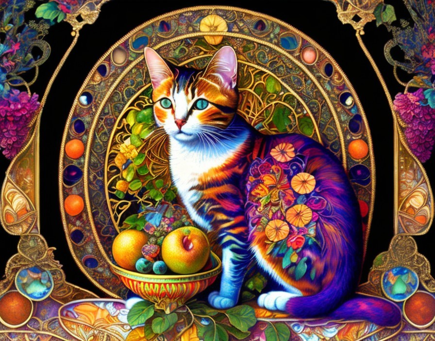 Stylized Cat with Floral Patterns on Dark Background