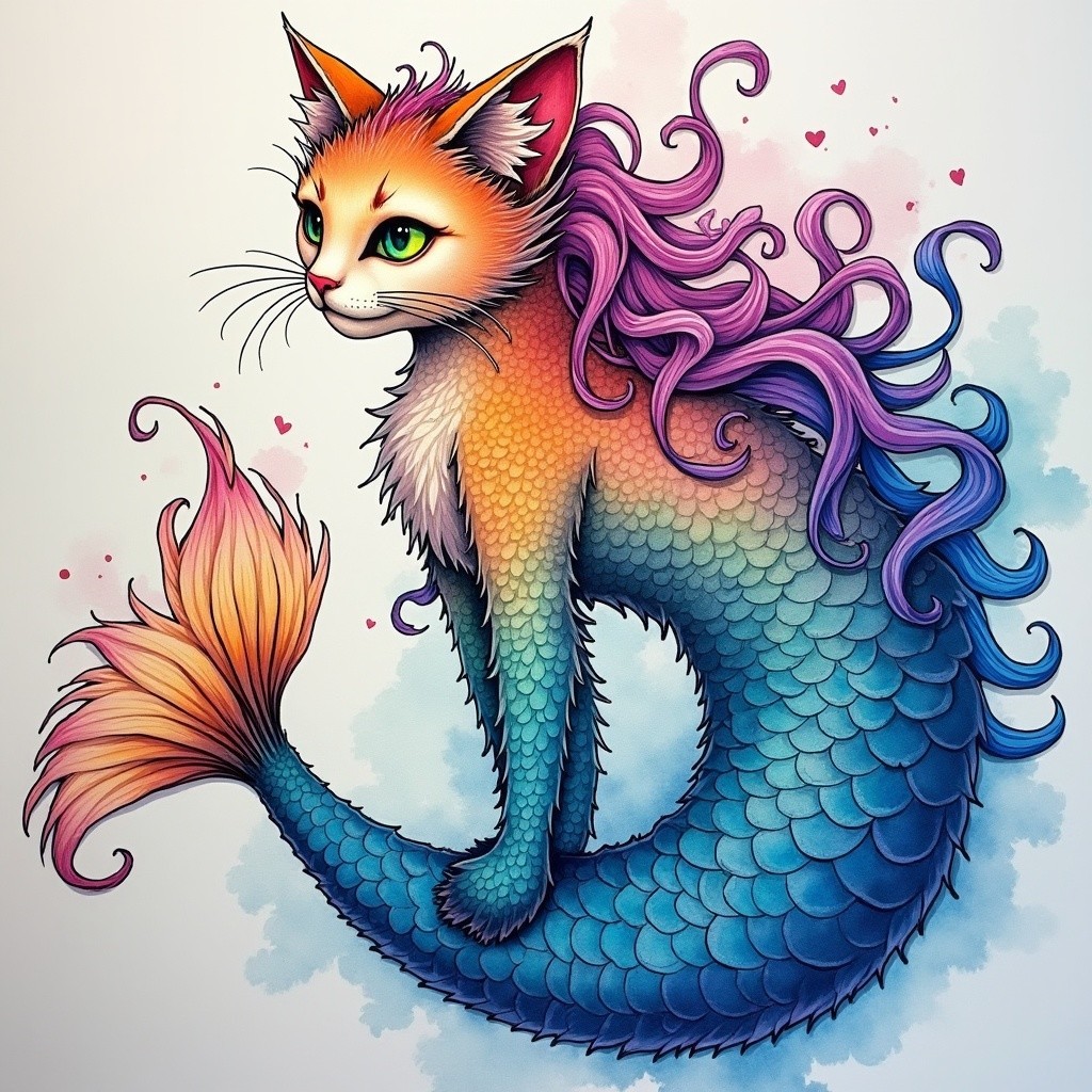 Whimsical Cat-Mermaid Creature with Colorful Features