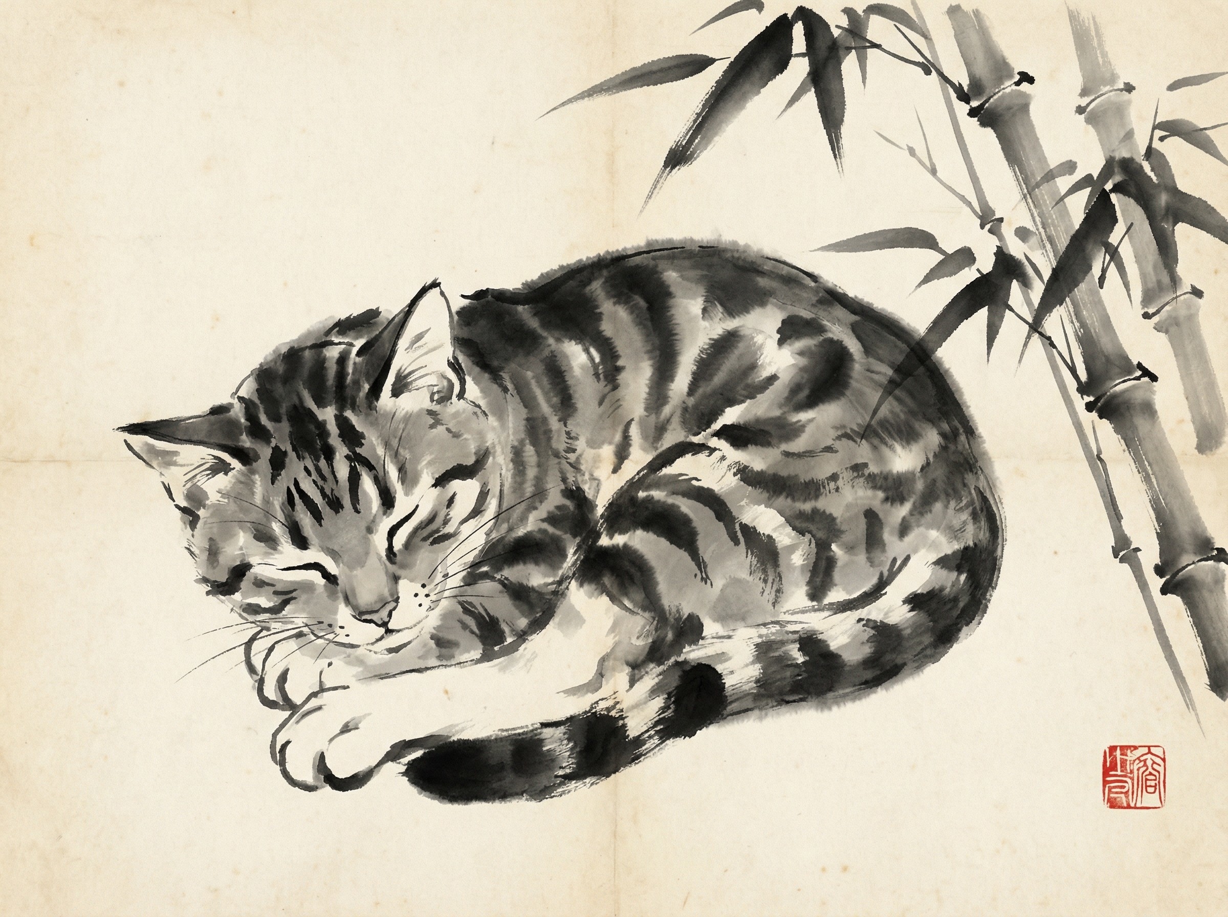 Sumi-e Ink Wash Painting of a Sleeping Tabby Cat