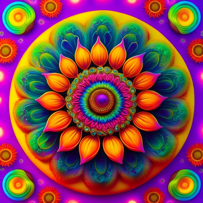 Vibrant Kaleidoscopic Mandala Design with Floral Motifs