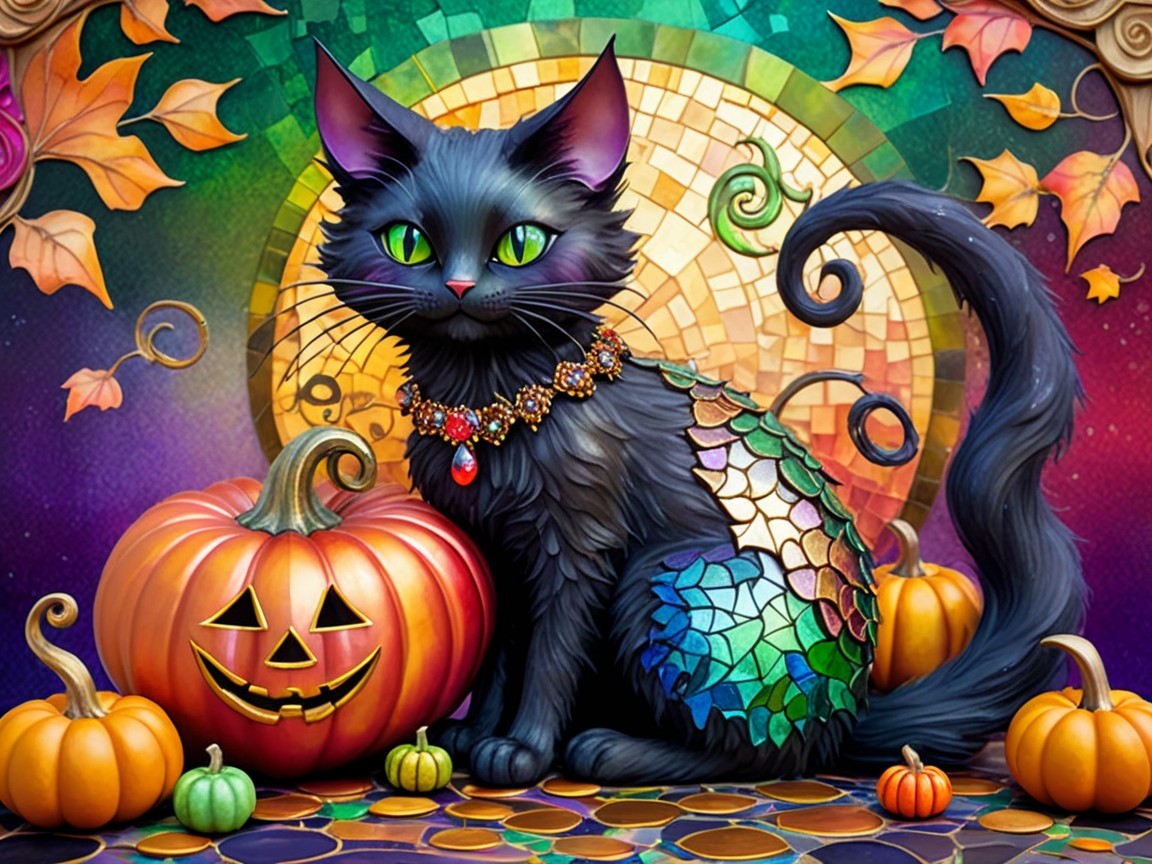 Whimsical Black Cat with Pumpkin in Festive Setting