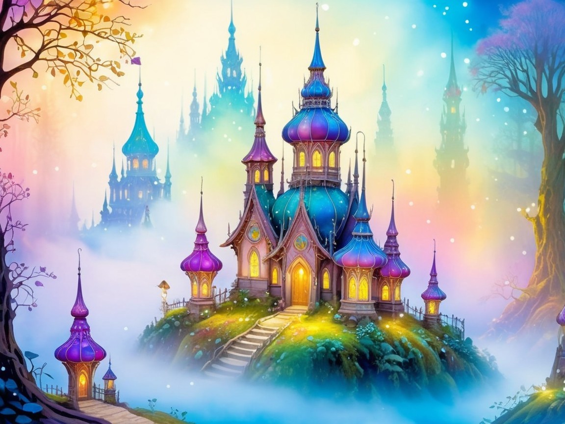 Whimsical Castle on a Misty Hill with Colorful Domes