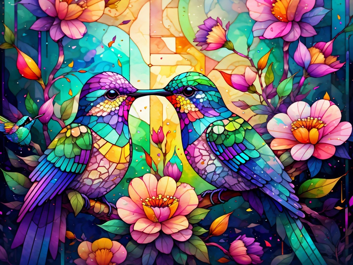 Vivid Hummingbirds in a Colorful Floral Scene