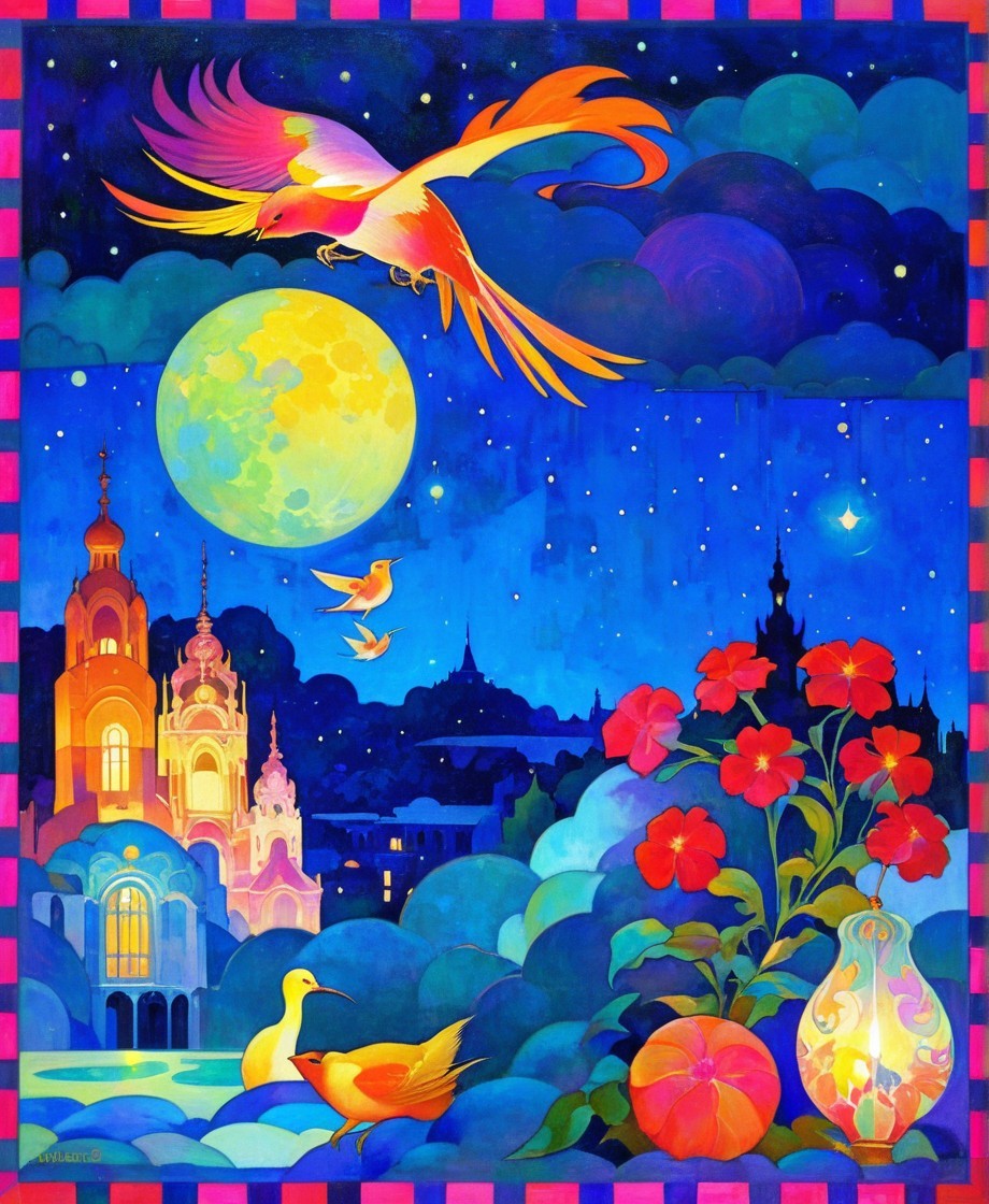 Vibrant Nighttime Scene with Glowing Moon and Birds