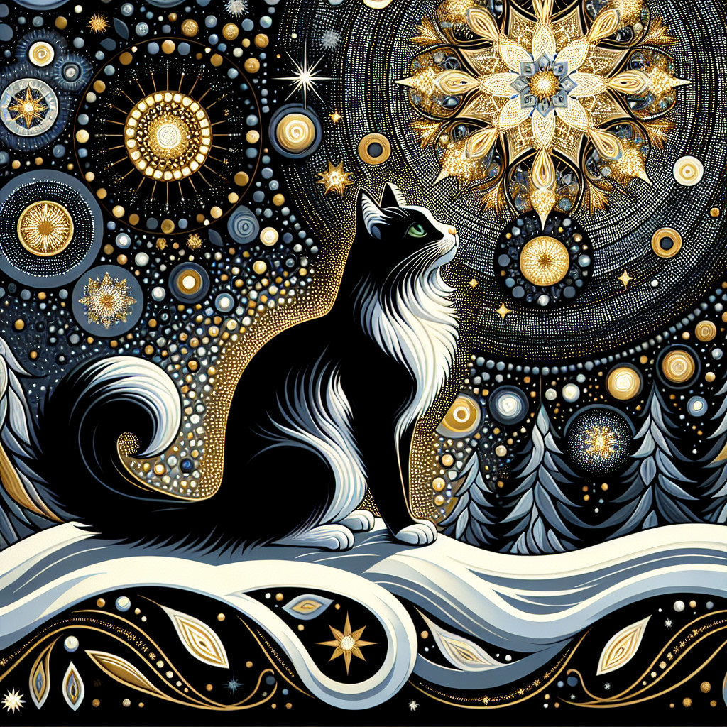 Black and white cat on snowy landscape with cosmic backdrop